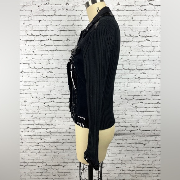 berek | black denim sequin jean jacket with knitted back petite size: MP - Picture 2 of 14